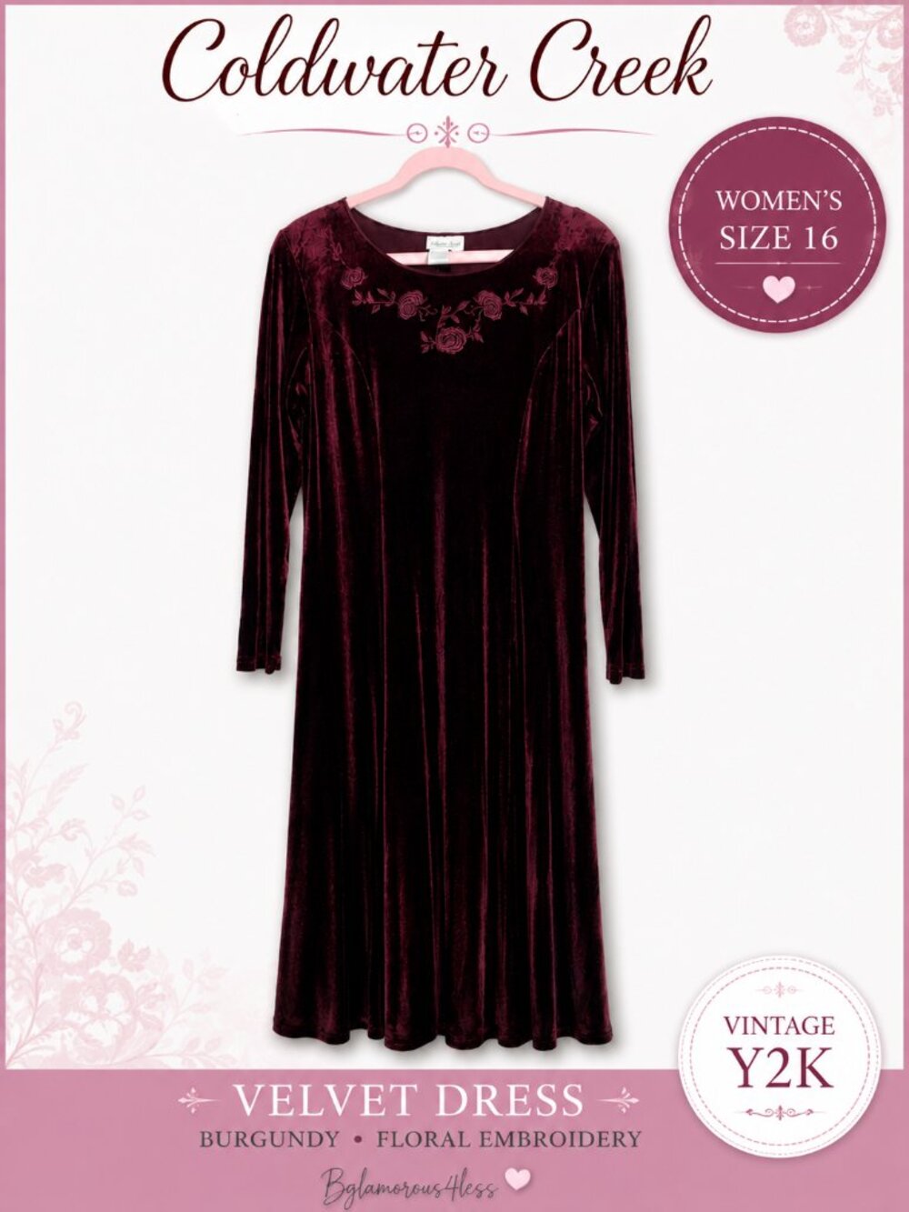 Coldwater Creek Vintage Y2K Velvet Dress Size 16 Burgundy Floral Embroidered Max